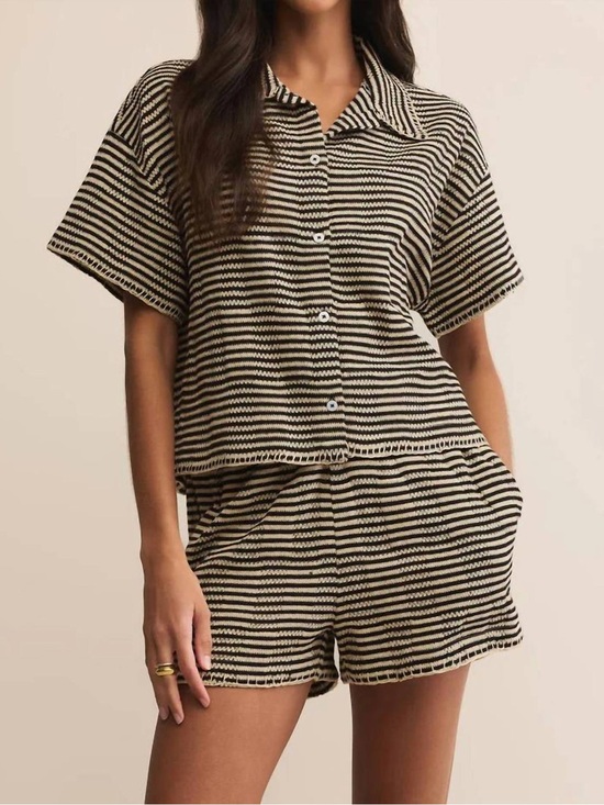 Z Supply Tops - Z SUPPLY Monaco Crochet Button Up Black and Cream Striped Short-Sleeve Small